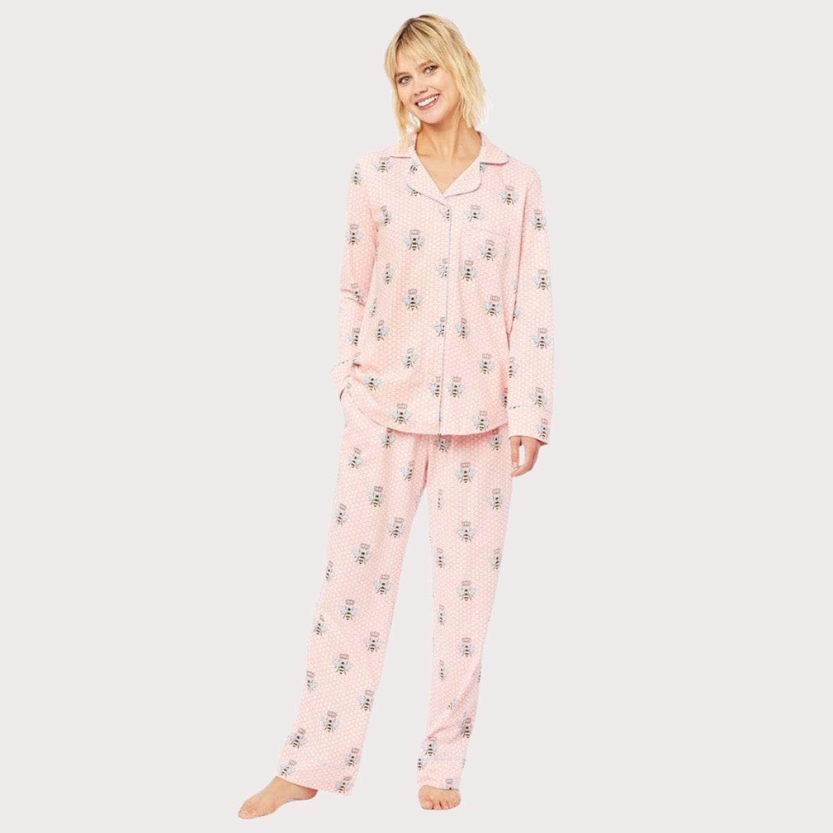 Queen Bee Pima Knit Long-Sleeved Pajama - Pink