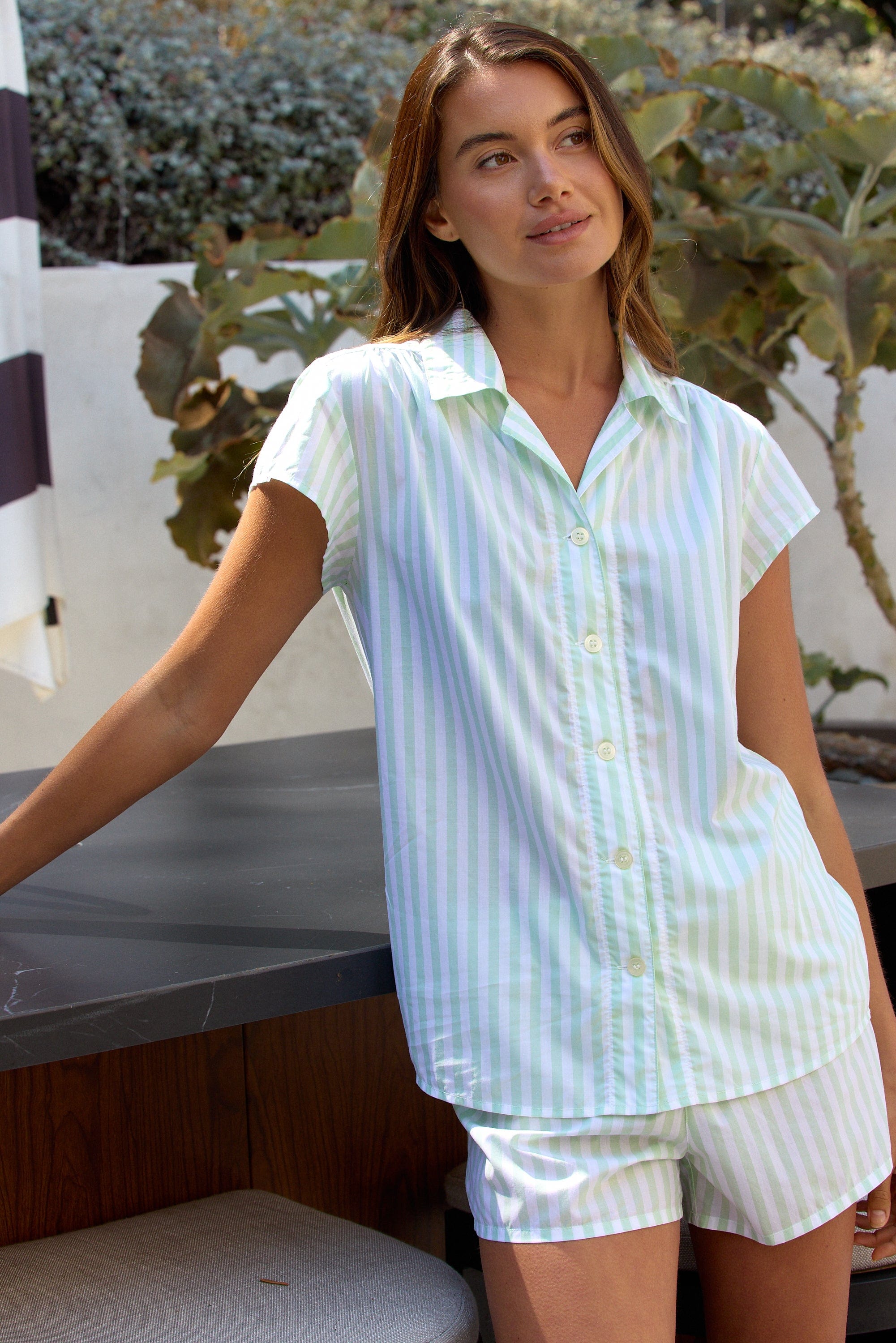 Classic Stripe Luxe Pima Short Set - Light Green
