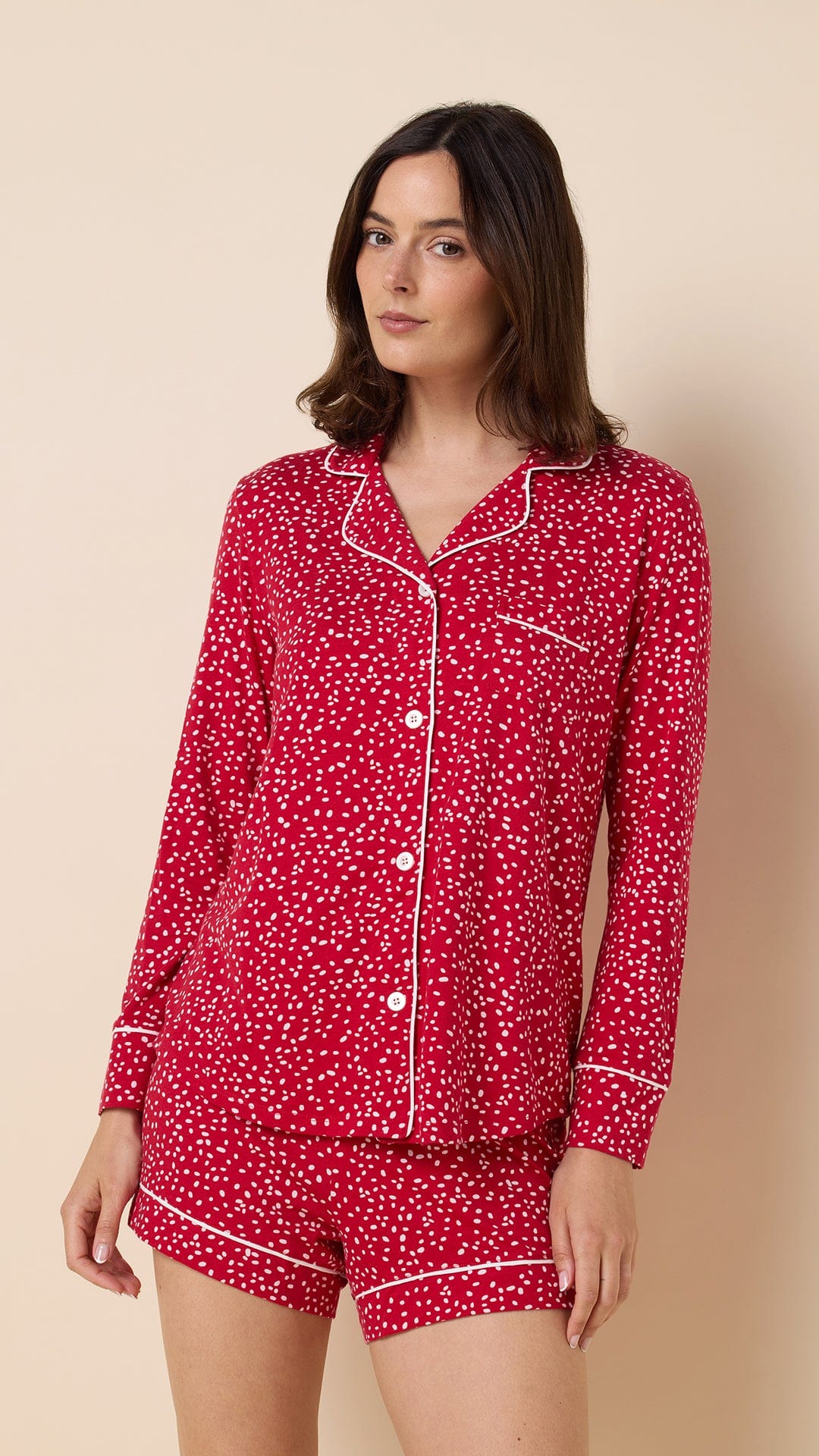 Confetti Dot Pima Knit Long-Sleeved Short Set - Red