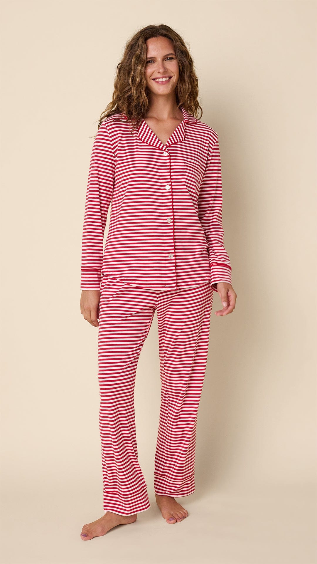 Essential Stripe Pima Knit Long-Sleeved Pajama - Red