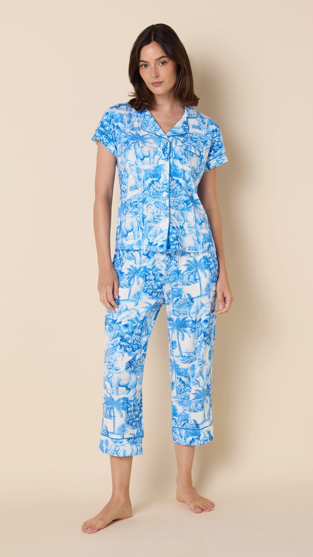Palm Grove Toile Pima Knit Capri Set - Blue