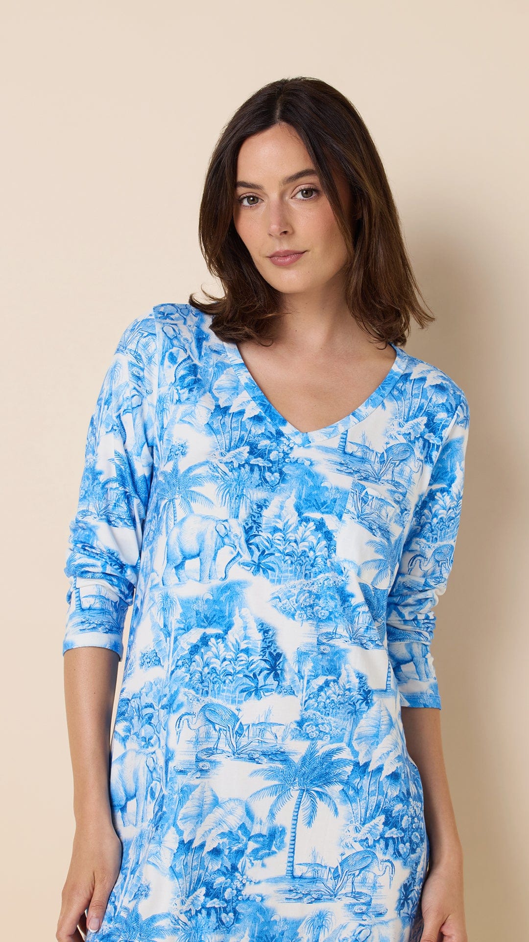 Palm Grove Toile Pima Knit Long-Sleeved Sleep Shirt - Blue