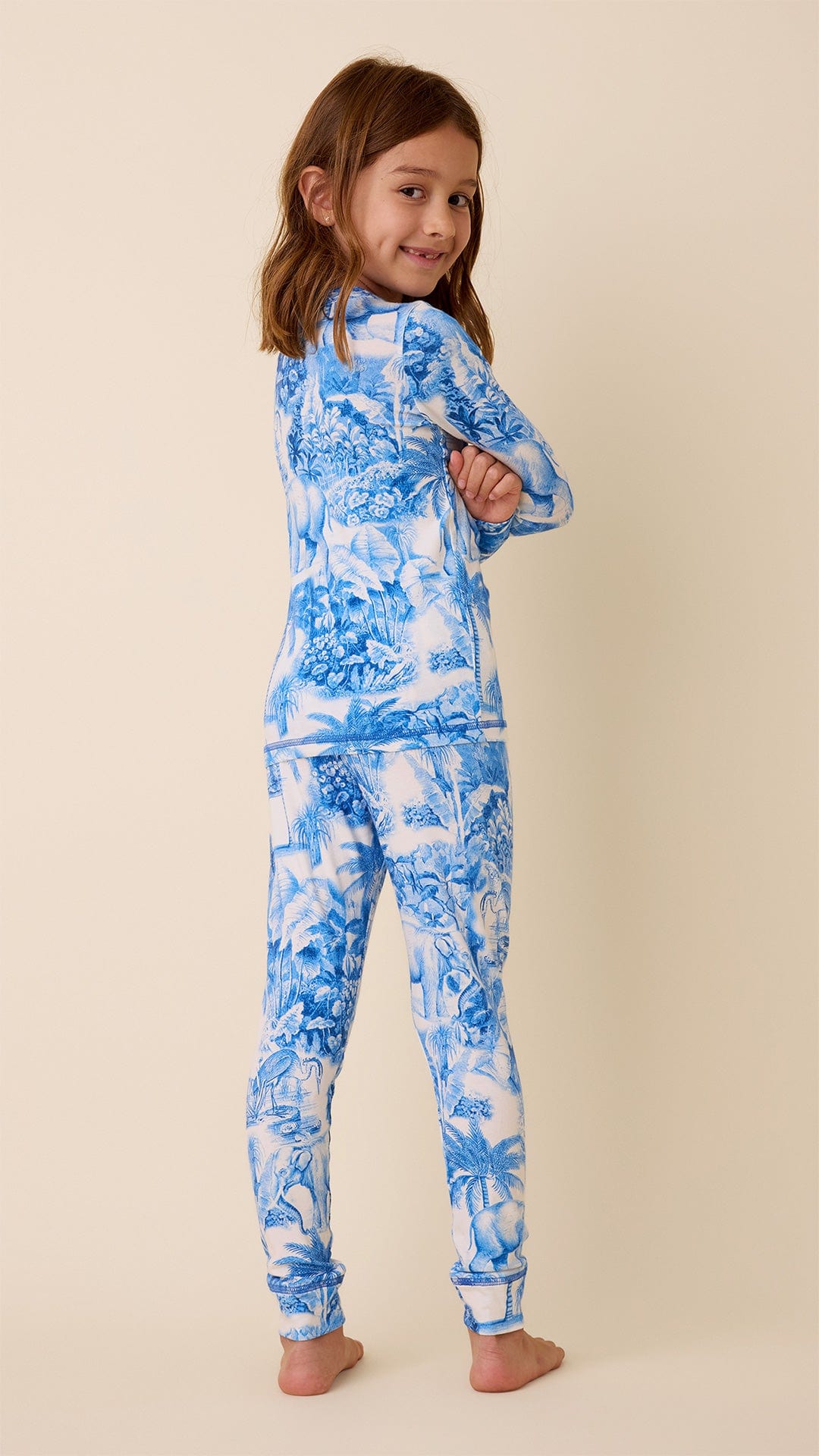 Palm Grove Toile Kids Pima Knit Pajama - Blue