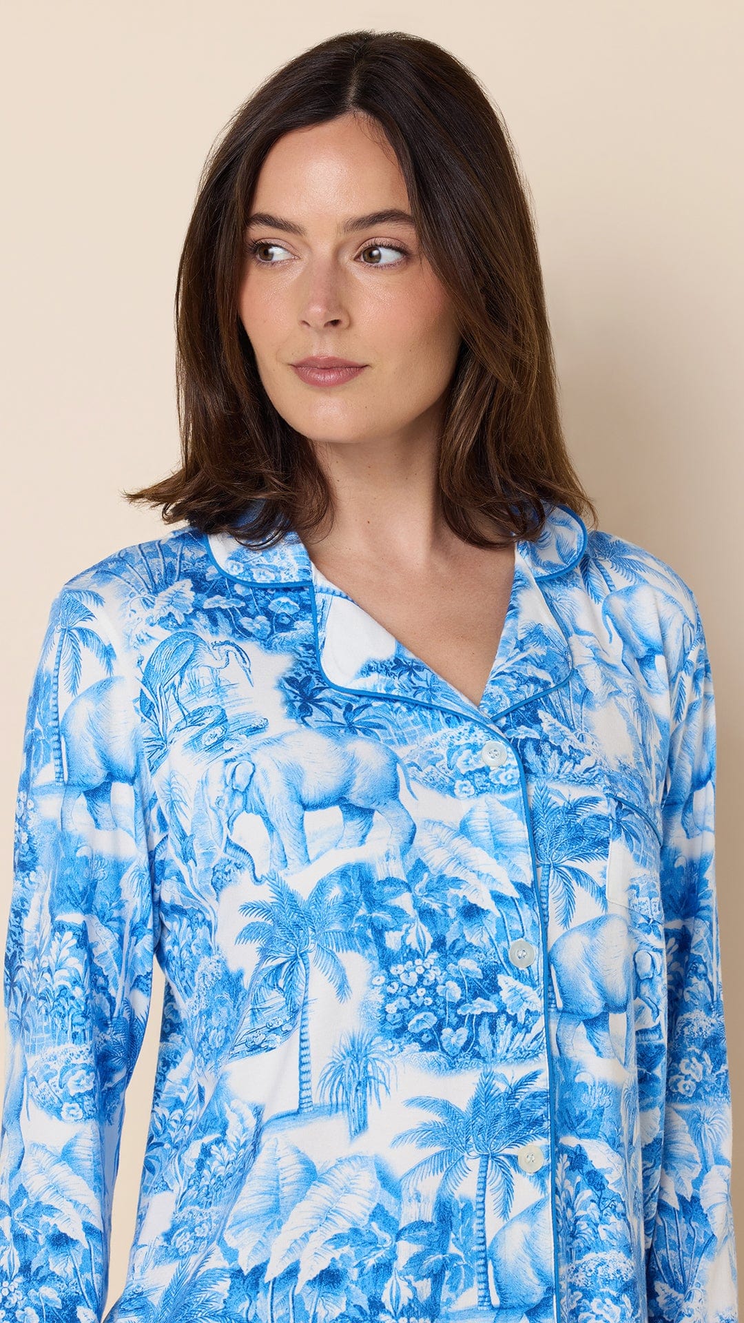 Palm Grove Toile Pima Knit Long-Sleeved Short Set - Blue